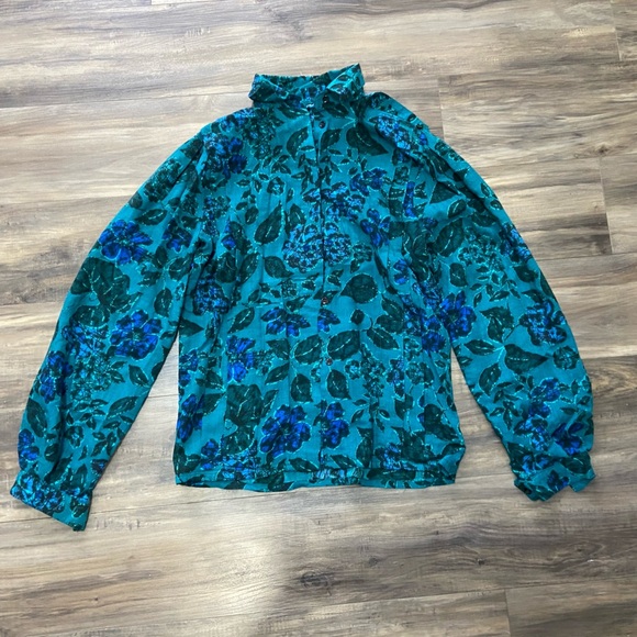 đź’—Vintage Floral Teal and Blue Blouse - Picture 1 of 4